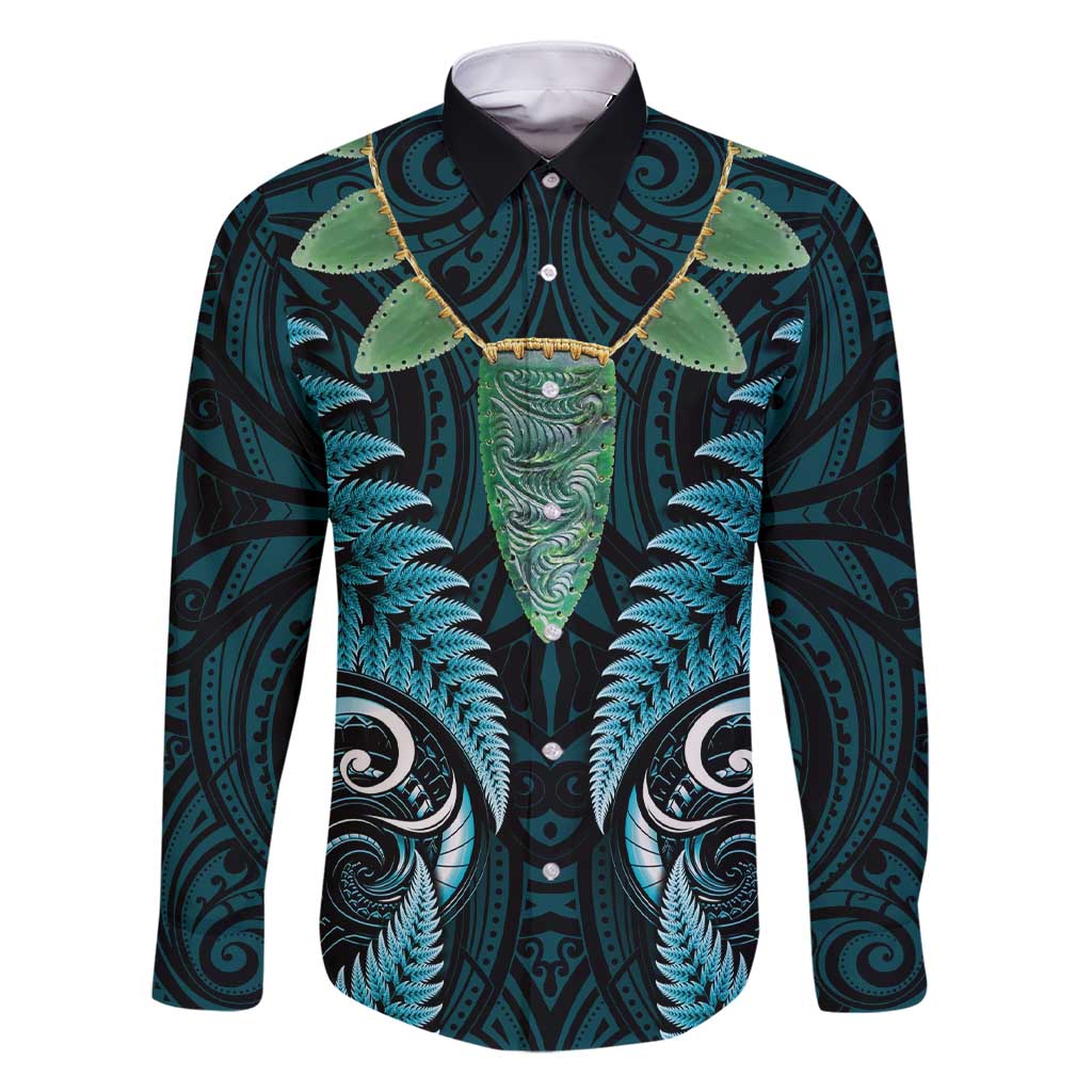 Aotearoa Pounamu Niho Family Matching Short Sleeve Bodycon Dress and Hawaiian Shirt Silver Fern Mix Maori Pattern - Turquoise LT14 Dad's Shirt - Long Sleeve Turquoise - Polynesian Pride