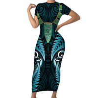 Aotearoa Pounamu Niho Family Matching Short Sleeve Bodycon Dress and Hawaiian Shirt Silver Fern Mix Maori Pattern - Turquoise LT14 Mom's Dress Turquoise - Polynesian Pride