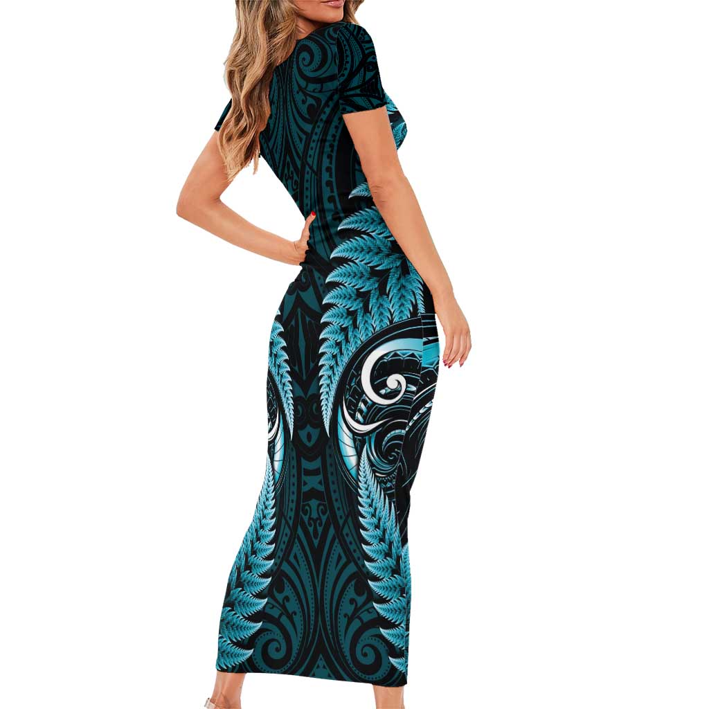 Aotearoa Pounamu Niho Family Matching Short Sleeve Bodycon Dress and Hawaiian Shirt Silver Fern Mix Maori Pattern - Turquoise LT14 - Polynesian Pride