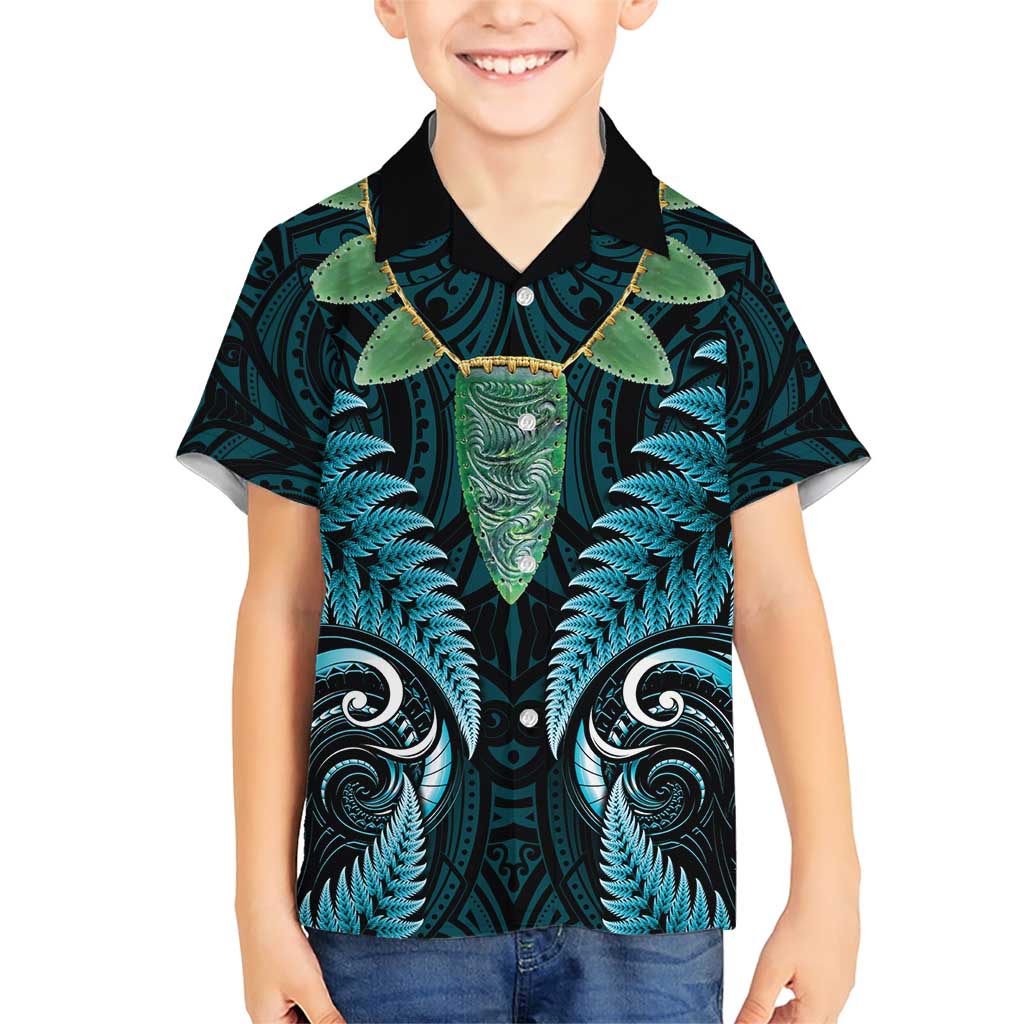 Aotearoa Pounamu Niho Family Matching Short Sleeve Bodycon Dress and Hawaiian Shirt Silver Fern Mix Maori Pattern - Turquoise LT14 Son's Shirt Turquoise - Polynesian Pride