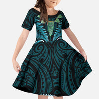 Aotearoa Pounamu Niho Family Matching Tank Maxi Dress and Hawaiian Shirt Silver Fern Mix Maori Pattern - Turquoise LT14 Daughter's Dress Turquoise - Polynesian Pride