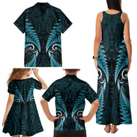 Aotearoa Pounamu Niho Family Matching Tank Maxi Dress and Hawaiian Shirt Silver Fern Mix Maori Pattern - Turquoise LT14 - Polynesian Pride