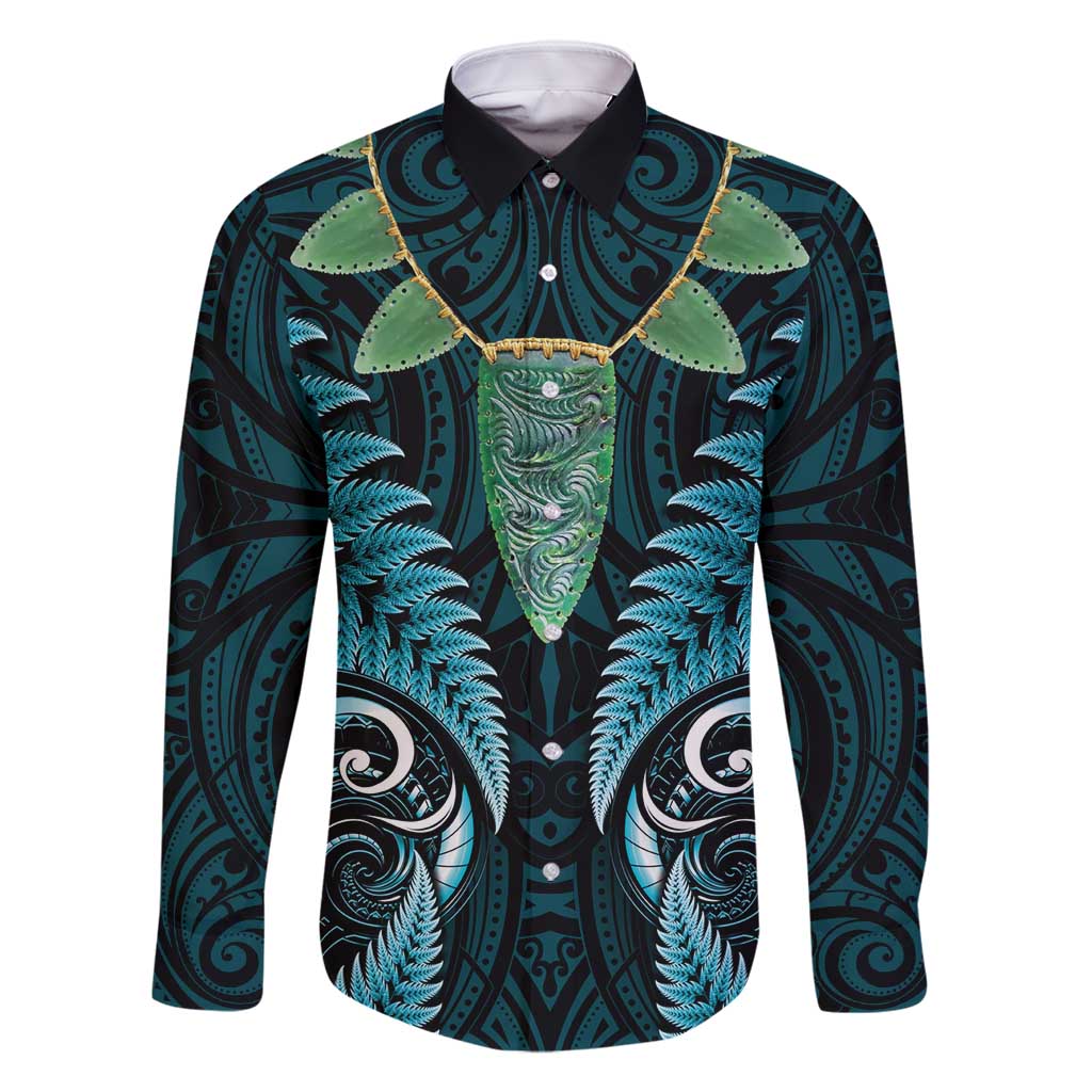 Aotearoa Pounamu Niho Family Matching Tank Maxi Dress and Hawaiian Shirt Silver Fern Mix Maori Pattern - Turquoise LT14 Dad's Shirt - Long Sleeve Turquoise - Polynesian Pride