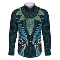 Aotearoa Pounamu Niho Family Matching Tank Maxi Dress and Hawaiian Shirt Silver Fern Mix Maori Pattern - Turquoise LT14 Dad's Shirt - Long Sleeve Turquoise - Polynesian Pride