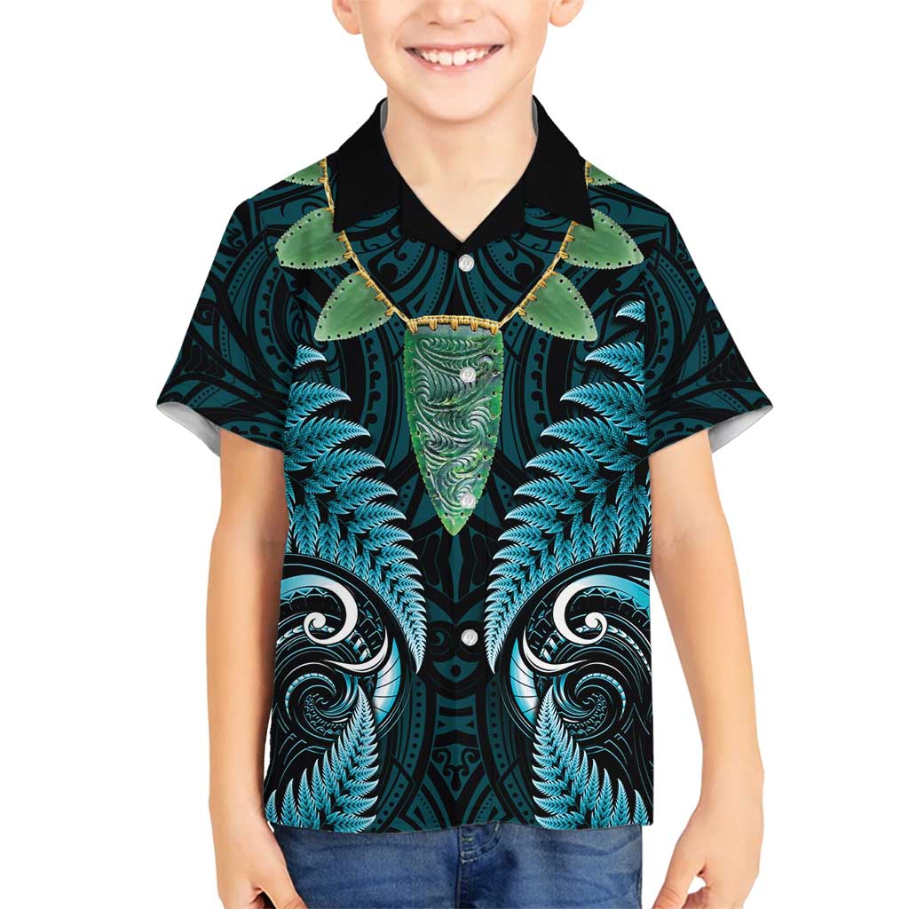 Aotearoa Pounamu Niho Family Matching Tank Maxi Dress and Hawaiian Shirt Silver Fern Mix Maori Pattern - Turquoise LT14 Son's Shirt Turquoise - Polynesian Pride
