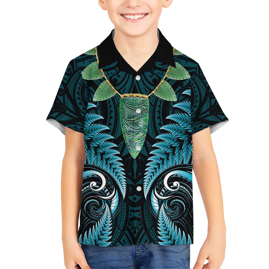 Aotearoa Pounamu Niho Kid Hawaiian Shirt Silver Fern Mix Maori Pattern - Turquoise LT14 Kid Turquoise - Polynesian Pride