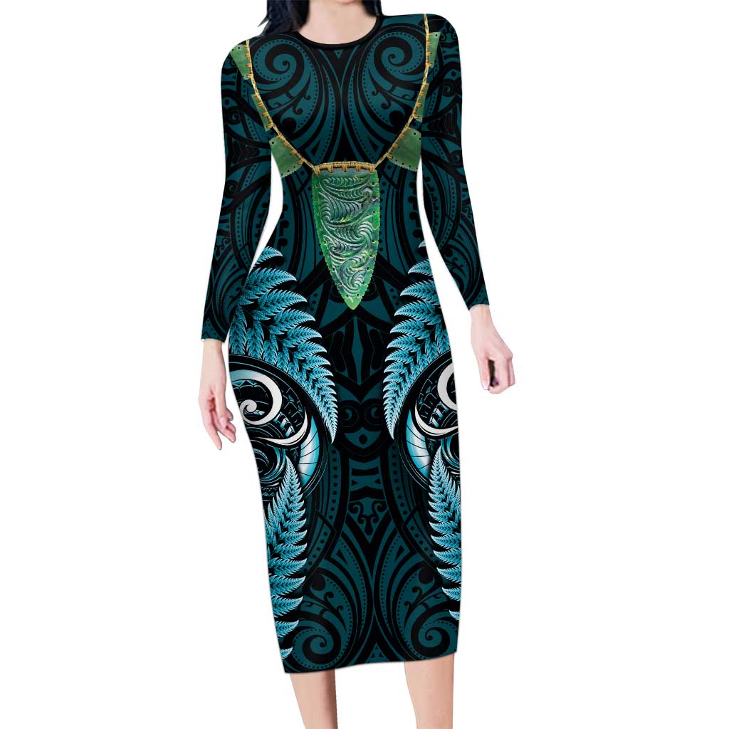 Aotearoa Pounamu Niho Long Sleeve Bodycon Dress Silver Fern Mix Maori Pattern - Turquoise LT14 Long Dress Turquoise - Polynesian Pride