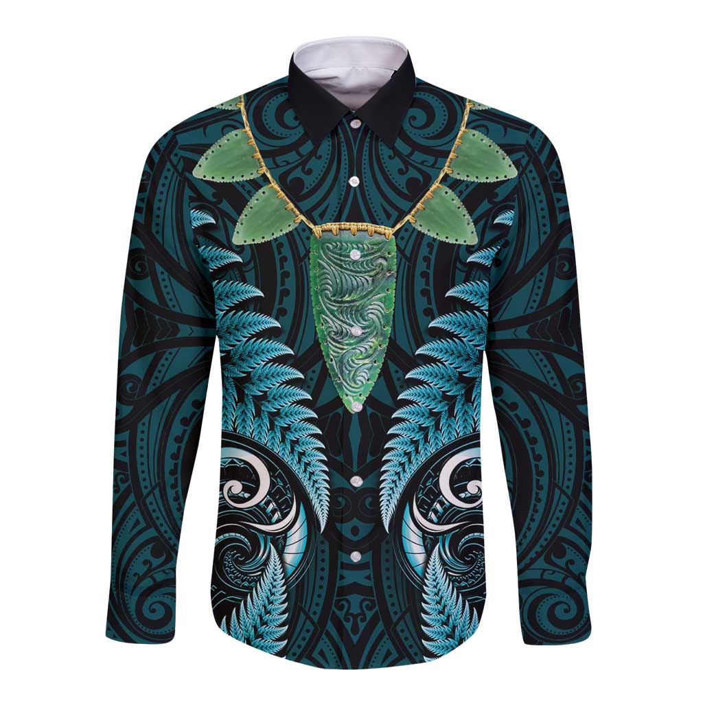 Aotearoa Pounamu Niho Long Sleeve Button Shirt Silver Fern Mix Maori Pattern - Turquoise LT14 Unisex Turquoise - Polynesian Pride