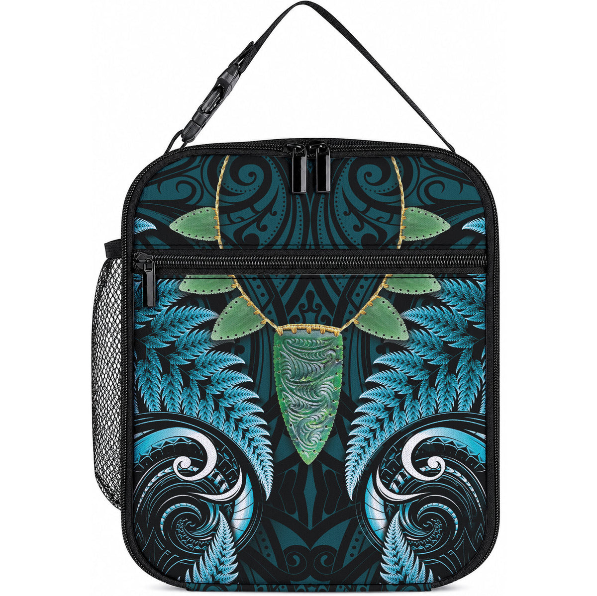 Aotearoa Pounamu Niho Lunch Bag Silver Fern Mix Maori Pattern - Turquoise LT14 10.2 × 8.3 × 4.3 inch Turquoise - Polynesian Pride