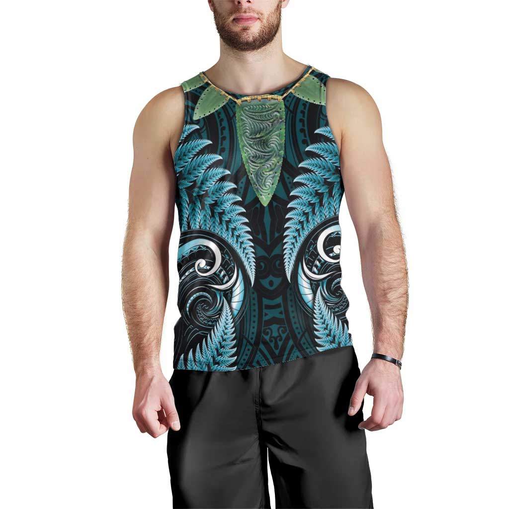 Aotearoa Pounamu Niho Men Tank Top Silver Fern Mix Maori Pattern - Turquoise