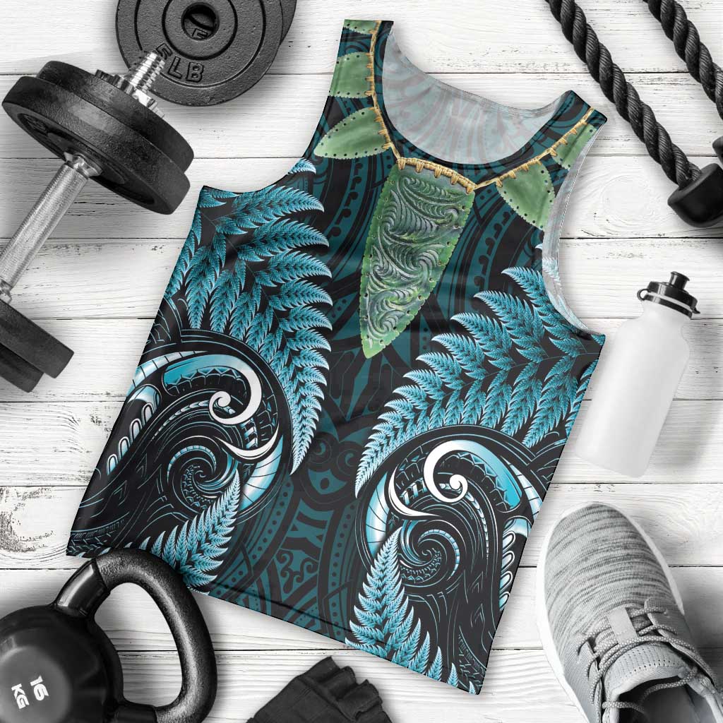 Aotearoa Pounamu Niho Men Tank Top Silver Fern Mix Maori Pattern - Turquoise
