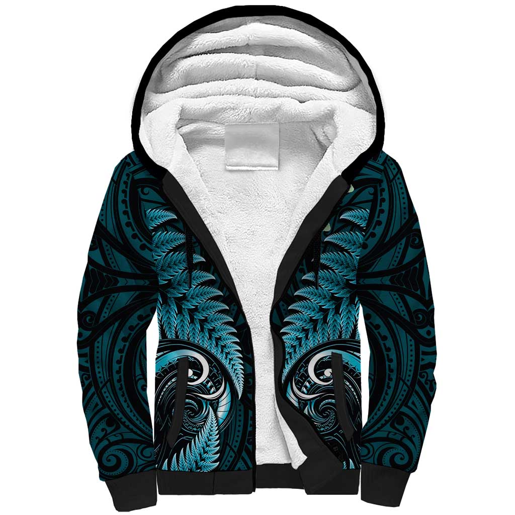 Aotearoa Pounamu Niho Sherpa Hoodie Silver Fern Mix Maori Pattern - Turquoise LT14 Unisex Turquoise - Polynesian Pride