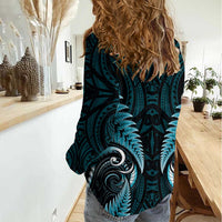 Aotearoa Pounamu Niho Women Casual Shirt Silver Fern Mix Maori Pattern - Turquoise