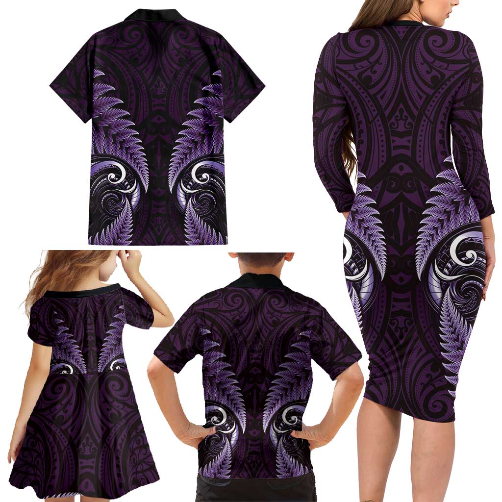 Aotearoa Pounamu Niho Family Matching Long Sleeve Bodycon Dress and Hawaiian Shirt Silver Fern Mix Maori Pattern - Purple LT14 - Polynesian Pride