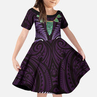 Aotearoa Pounamu Niho Family Matching Mermaid Dress and Hawaiian Shirt Silver Fern Mix Maori Pattern - Purple LT14 Daughter's Dress Purple - Polynesian Pride