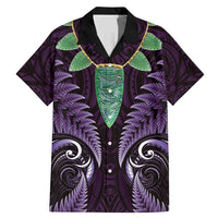 Aotearoa Pounamu Niho Family Matching Mermaid Dress and Hawaiian Shirt Silver Fern Mix Maori Pattern - Purple LT14 Dad's Shirt - Short Sleeve Purple - Polynesian Pride