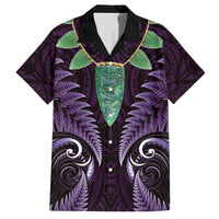 Aotearoa Pounamu Niho Family Matching Off The Shoulder Long Sleeve Dress and Hawaiian Shirt Silver Fern Mix Maori Pattern - Purple LT14 Dad's Shirt - Short Sleeve Purple - Polynesian Pride