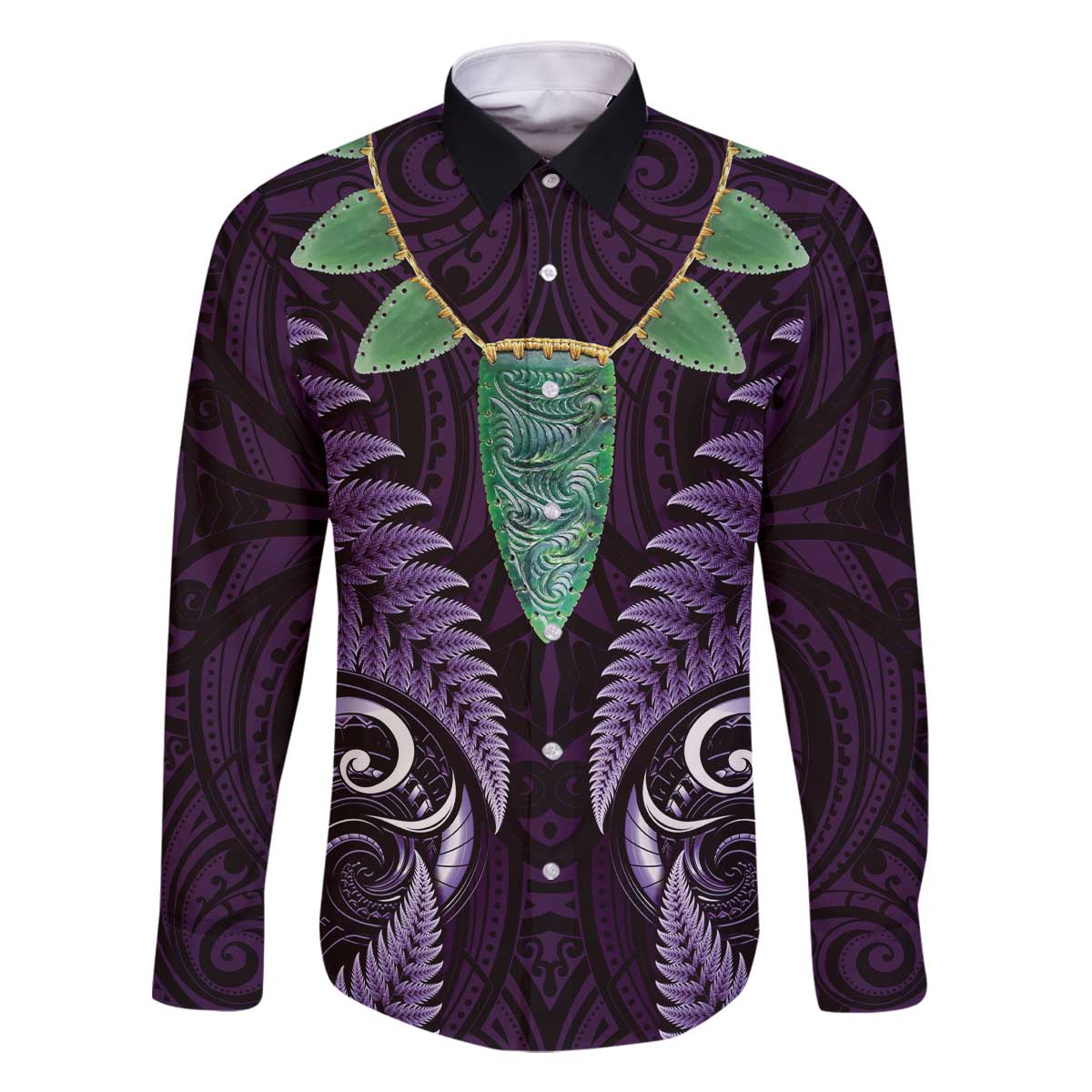 Aotearoa Pounamu Niho Family Matching Off The Shoulder Long Sleeve Dress and Hawaiian Shirt Silver Fern Mix Maori Pattern - Purple LT14 Dad's Shirt - Long Sleeve Purple - Polynesian Pride