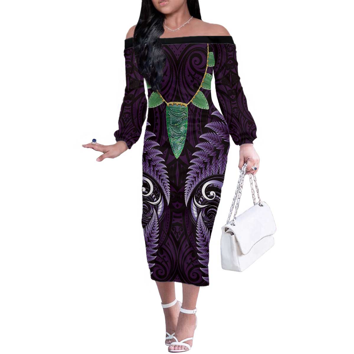 Aotearoa Pounamu Niho Family Matching Off The Shoulder Long Sleeve Dress and Hawaiian Shirt Silver Fern Mix Maori Pattern - Purple LT14 Mom's Dress Purple - Polynesian Pride