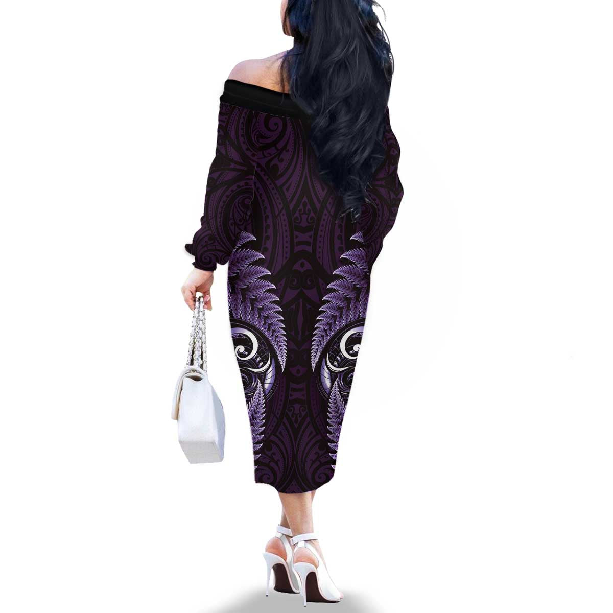Aotearoa Pounamu Niho Family Matching Off The Shoulder Long Sleeve Dress and Hawaiian Shirt Silver Fern Mix Maori Pattern - Purple LT14 - Polynesian Pride