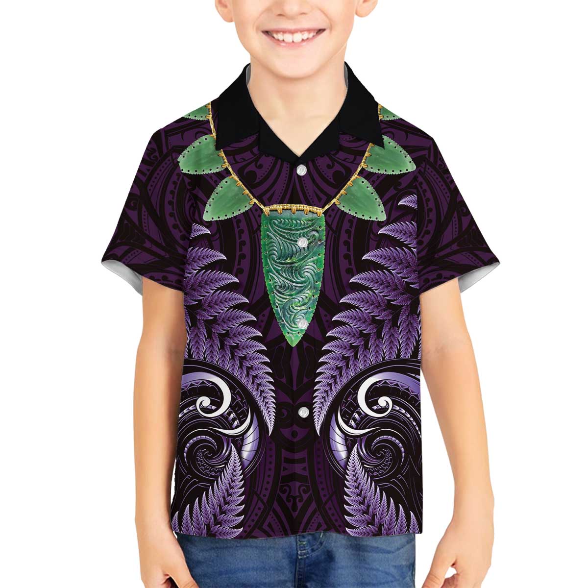 Aotearoa Pounamu Niho Family Matching Off The Shoulder Long Sleeve Dress and Hawaiian Shirt Silver Fern Mix Maori Pattern - Purple LT14 Son's Shirt Purple - Polynesian Pride