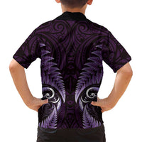 Aotearoa Pounamu Niho Family Matching Off Shoulder Maxi Dress and Hawaiian Shirt Silver Fern Mix Maori Pattern - Purple LT14 - Polynesian Pride