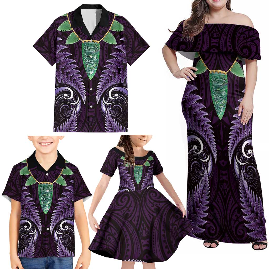 Aotearoa Pounamu Niho Family Matching Off Shoulder Maxi Dress and Hawaiian Shirt Silver Fern Mix Maori Pattern - Purple LT14 - Polynesian Pride
