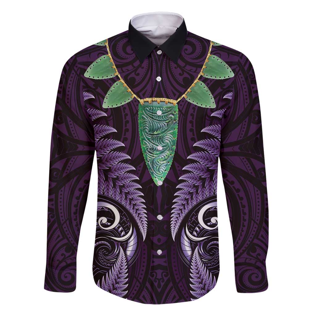 Aotearoa Pounamu Niho Family Matching Off Shoulder Maxi Dress and Hawaiian Shirt Silver Fern Mix Maori Pattern - Purple LT14 Dad's Shirt - Long Sleeve Purple - Polynesian Pride