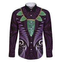 Aotearoa Pounamu Niho Family Matching Off Shoulder Maxi Dress and Hawaiian Shirt Silver Fern Mix Maori Pattern - Purple LT14 Dad's Shirt - Long Sleeve Purple - Polynesian Pride