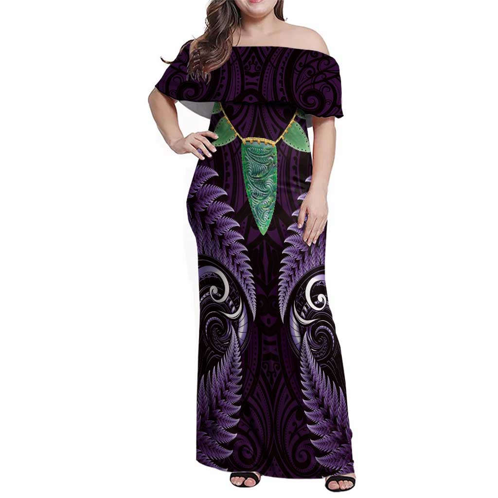 Aotearoa Pounamu Niho Family Matching Off Shoulder Maxi Dress and Hawaiian Shirt Silver Fern Mix Maori Pattern - Purple LT14 Mom's Dress Purple - Polynesian Pride