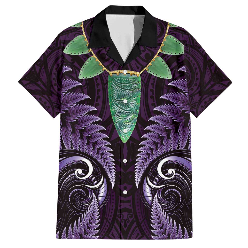 Aotearoa Pounamu Niho Family Matching Off Shoulder Short Dress and Hawaiian Shirt Silver Fern Mix Maori Pattern - Purple LT14 Dad's Shirt - Short Sleeve Purple - Polynesian Pride