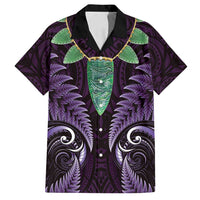 Aotearoa Pounamu Niho Family Matching Off Shoulder Short Dress and Hawaiian Shirt Silver Fern Mix Maori Pattern - Purple LT14 Dad's Shirt - Short Sleeve Purple - Polynesian Pride