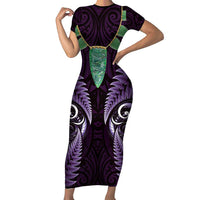 Aotearoa Pounamu Niho Family Matching Short Sleeve Bodycon Dress and Hawaiian Shirt Silver Fern Mix Maori Pattern - Purple LT14 Mom's Dress Purple - Polynesian Pride