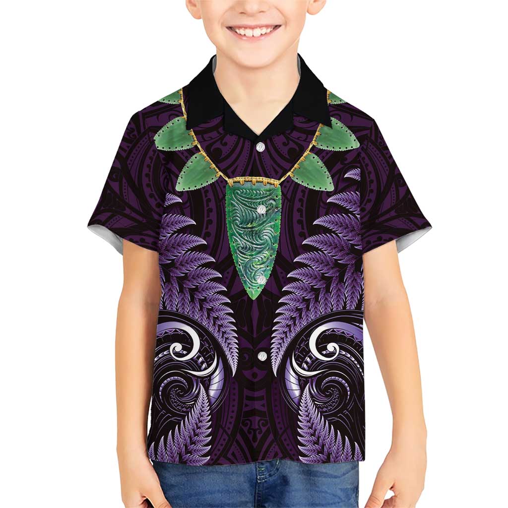 Aotearoa Pounamu Niho Family Matching Short Sleeve Bodycon Dress and Hawaiian Shirt Silver Fern Mix Maori Pattern - Purple LT14 Son's Shirt Purple - Polynesian Pride
