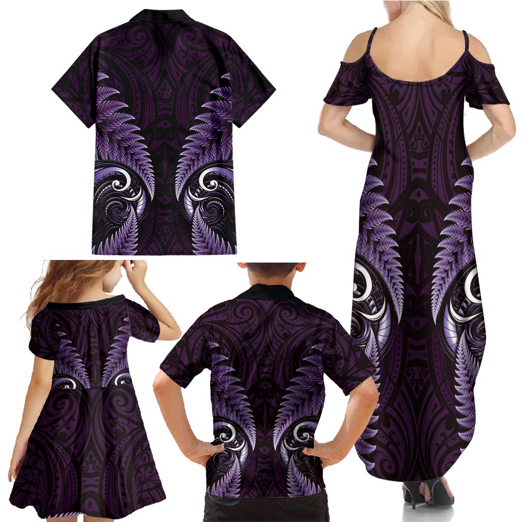 Aotearoa Pounamu Niho Family Matching Summer Maxi Dress and Hawaiian Shirt Silver Fern Mix Maori Pattern - Purple LT14 - Polynesian Pride