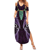 Aotearoa Pounamu Niho Family Matching Summer Maxi Dress and Hawaiian Shirt Silver Fern Mix Maori Pattern - Purple LT14 Mom's Dress Purple - Polynesian Pride