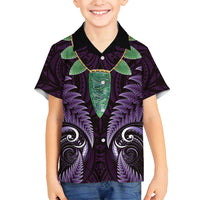 Aotearoa Pounamu Niho Family Matching Summer Maxi Dress and Hawaiian Shirt Silver Fern Mix Maori Pattern - Purple LT14 Son's Shirt Purple - Polynesian Pride