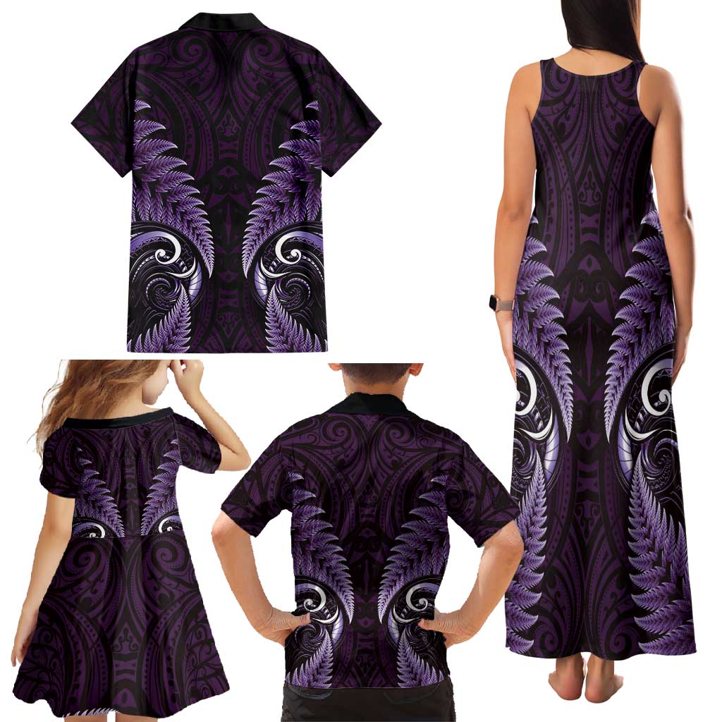 Aotearoa Pounamu Niho Family Matching Tank Maxi Dress and Hawaiian Shirt Silver Fern Mix Maori Pattern - Purple LT14 - Polynesian Pride