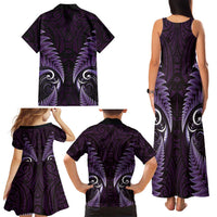 Aotearoa Pounamu Niho Family Matching Tank Maxi Dress and Hawaiian Shirt Silver Fern Mix Maori Pattern - Purple LT14 - Polynesian Pride