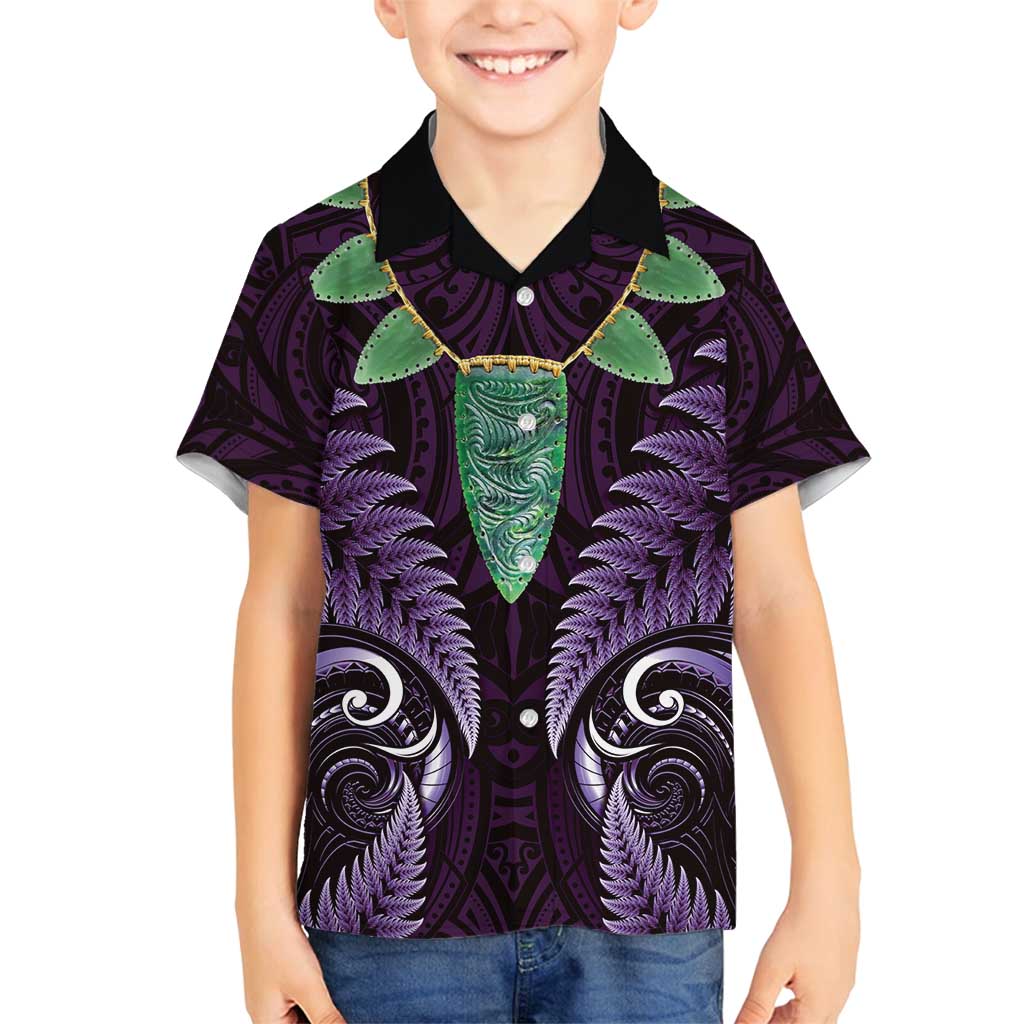 Aotearoa Pounamu Niho Family Matching Tank Maxi Dress and Hawaiian Shirt Silver Fern Mix Maori Pattern - Purple LT14 Son's Shirt Purple - Polynesian Pride