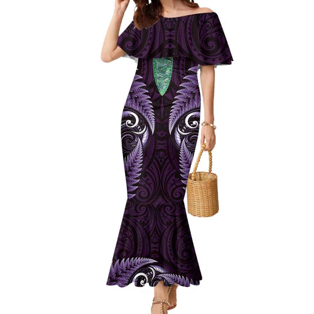 Aotearoa Pounamu Niho Mermaid Dress Silver Fern Mix Maori Pattern - Purple LT14 Women Purple - Polynesian Pride