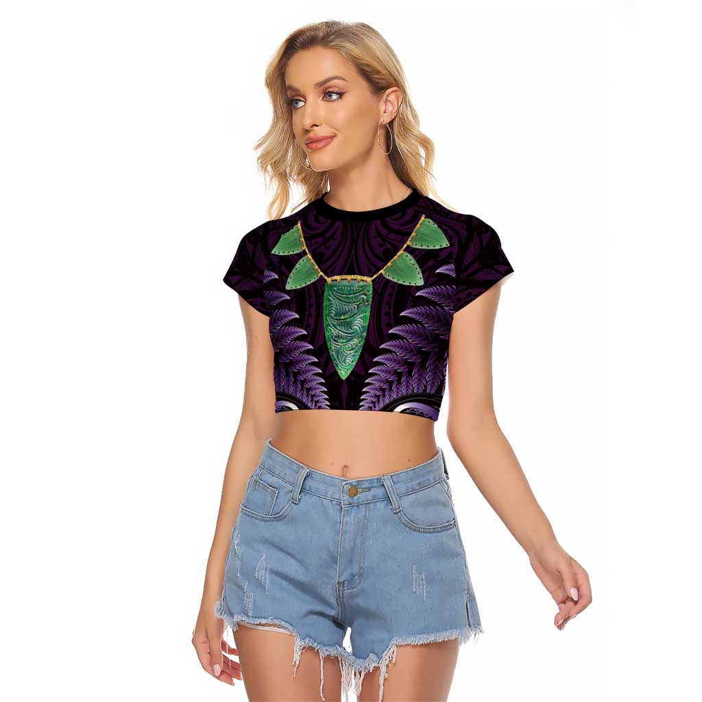 Aotearoa Pounamu Niho Raglan Cropped T Shirt Silver Fern Mix Maori Pattern - Purple