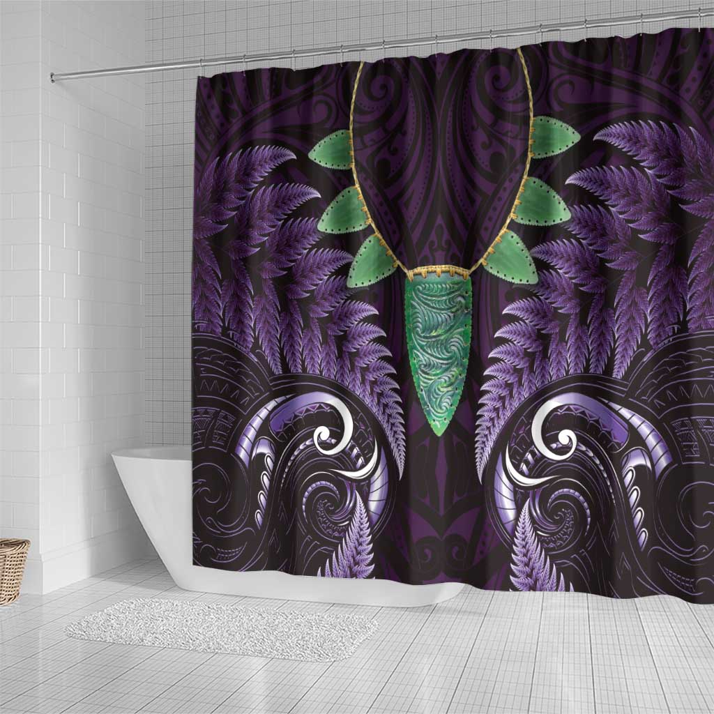 Aotearoa Pounamu Niho Shower Curtain Silver Fern Mix Maori Pattern - Purple LT14 - Polynesian Pride