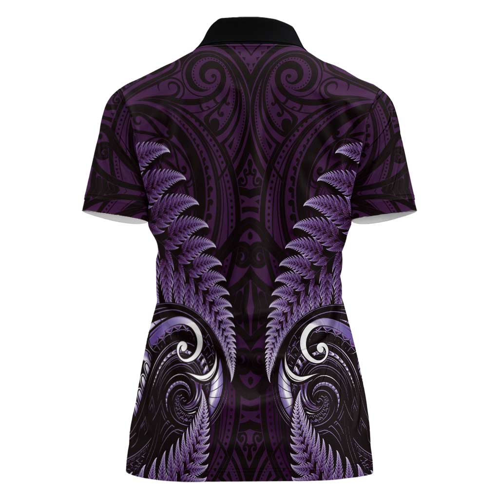 Aotearoa Pounamu Niho Women Polo Shirt Silver Fern Mix Maori Pattern - Purple
