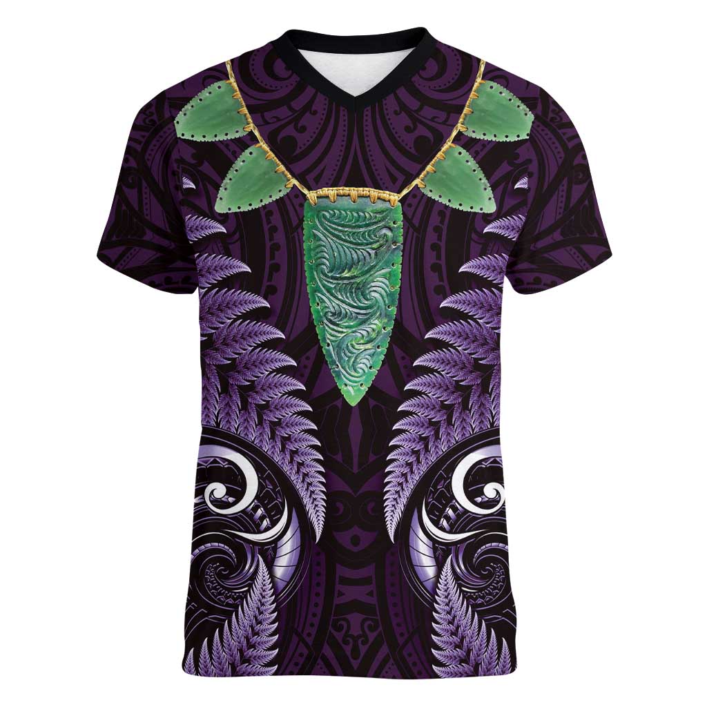 Aotearoa Pounamu Niho Women V-Neck T-Shirt Silver Fern Mix Maori Pattern - Purple