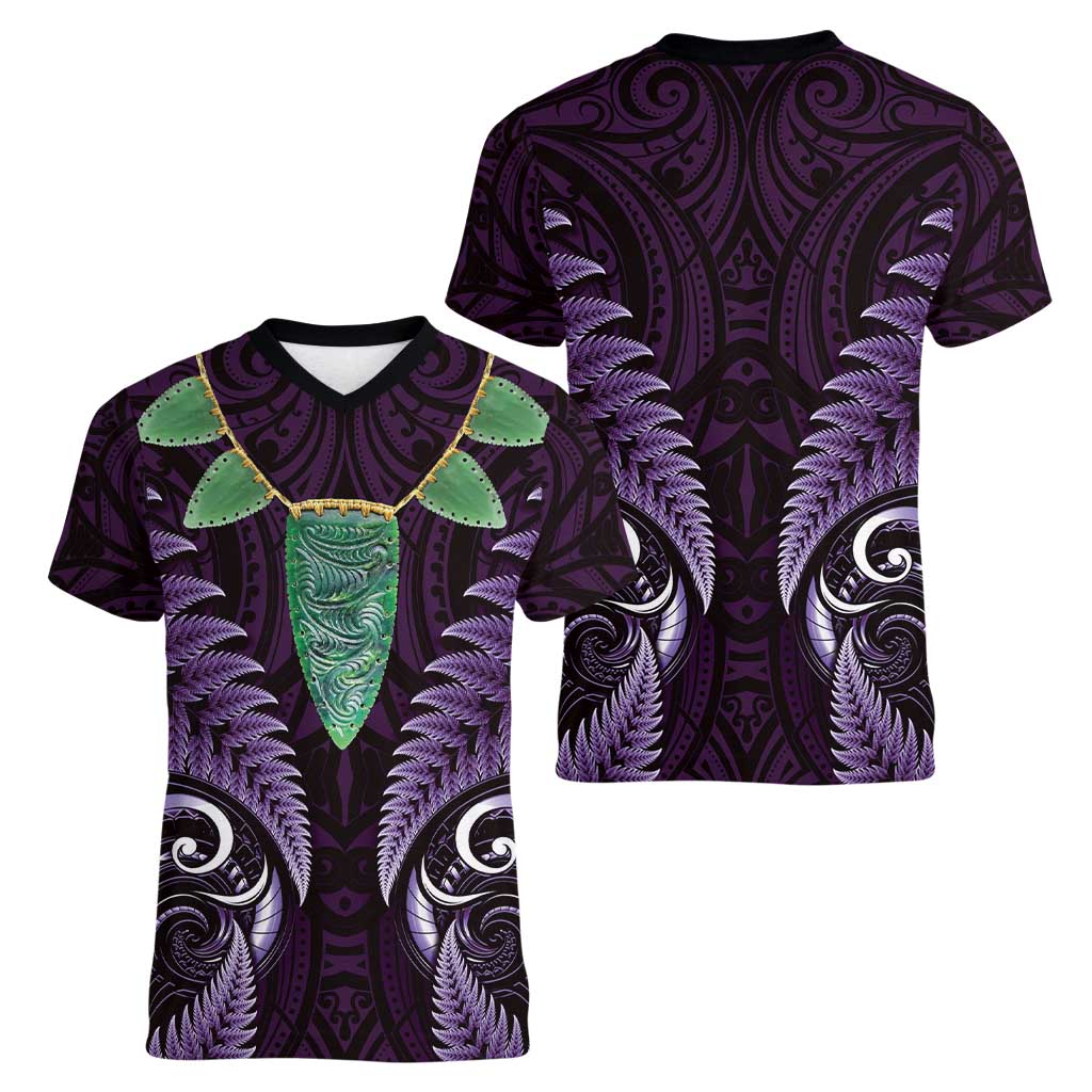 Aotearoa Pounamu Niho Women V-Neck T-Shirt Silver Fern Mix Maori Pattern - Purple