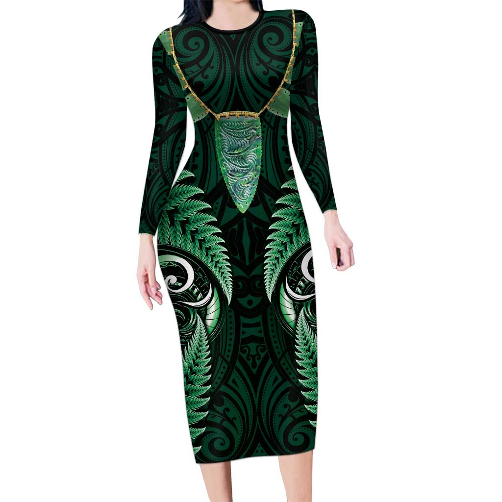 Aotearoa Pounamu Niho Family Matching Long Sleeve Bodycon Dress and Hawaiian Shirt Silver Fern Mix Maori Pattern - Green LT14 Mom's Dress Green - Polynesian Pride