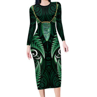Aotearoa Pounamu Niho Family Matching Long Sleeve Bodycon Dress and Hawaiian Shirt Silver Fern Mix Maori Pattern - Green LT14 Mom's Dress Green - Polynesian Pride