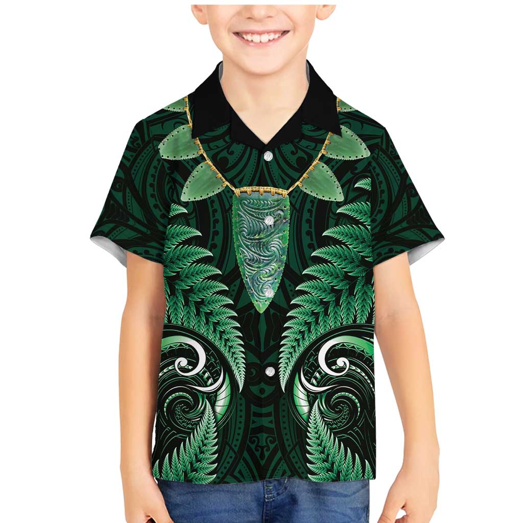 Aotearoa Pounamu Niho Family Matching Mermaid Dress and Hawaiian Shirt Silver Fern Mix Maori Pattern - Green LT14 Son's Shirt Green - Polynesian Pride