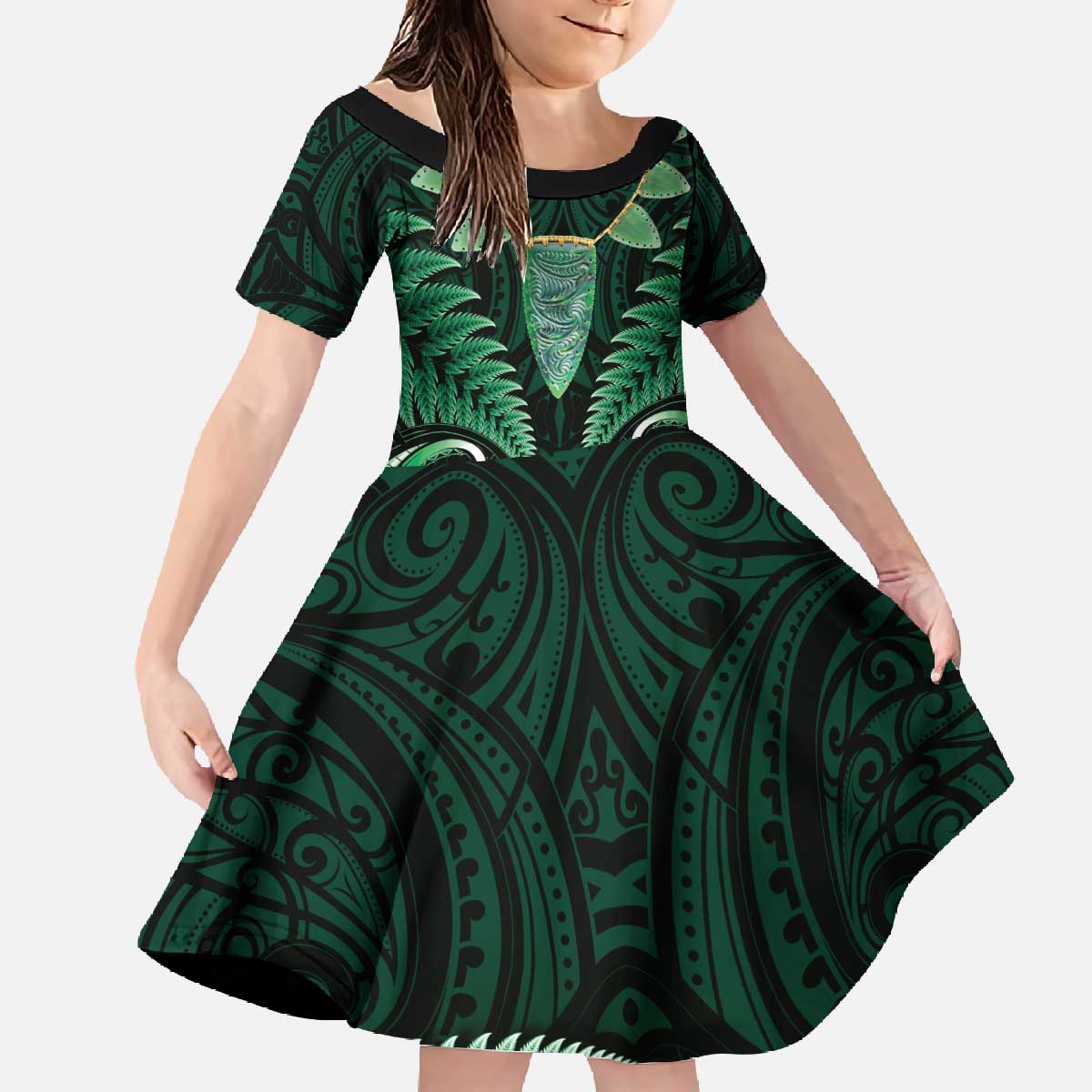 Aotearoa Pounamu Niho Family Matching Off The Shoulder Long Sleeve Dress and Hawaiian Shirt Silver Fern Mix Maori Pattern - Green LT14 Daughter's Dress Green - Polynesian Pride
